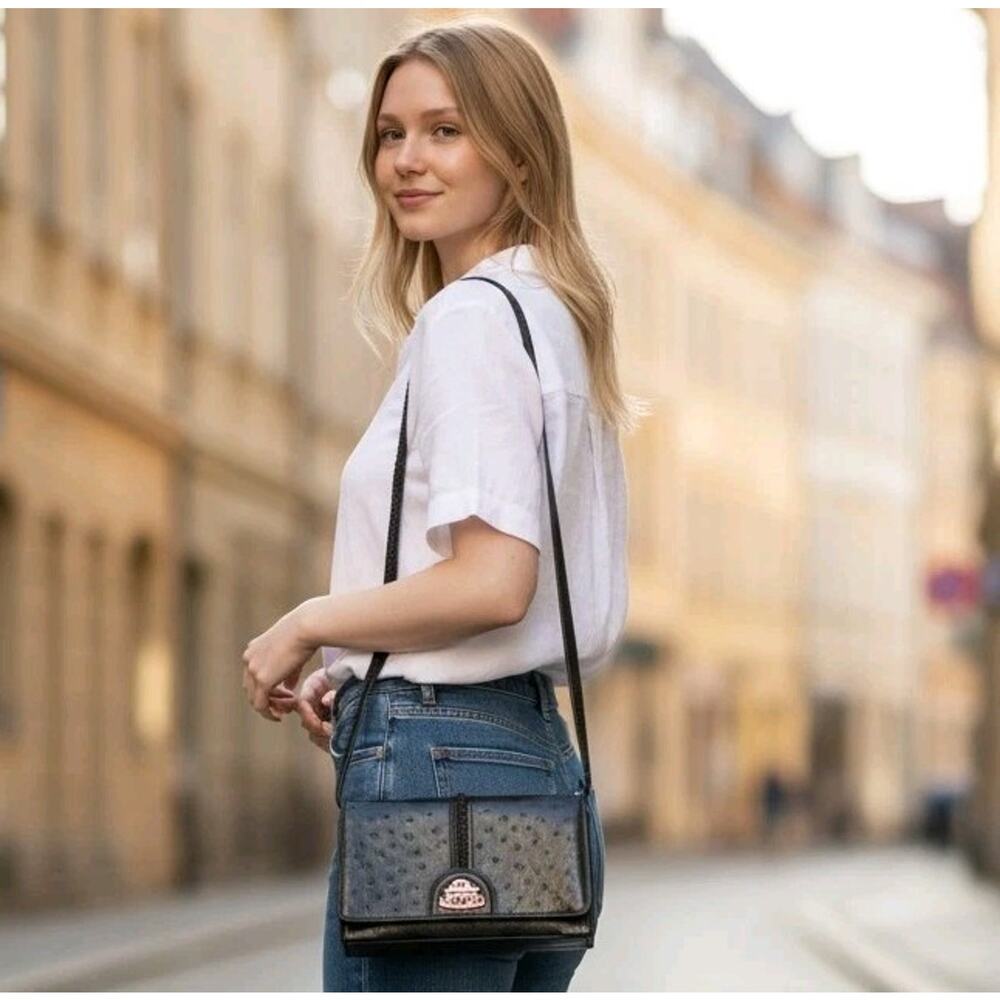 Ostrich Leather Wallet on a Chain Crossbody‎ Purse Clutch Black Silver Removable